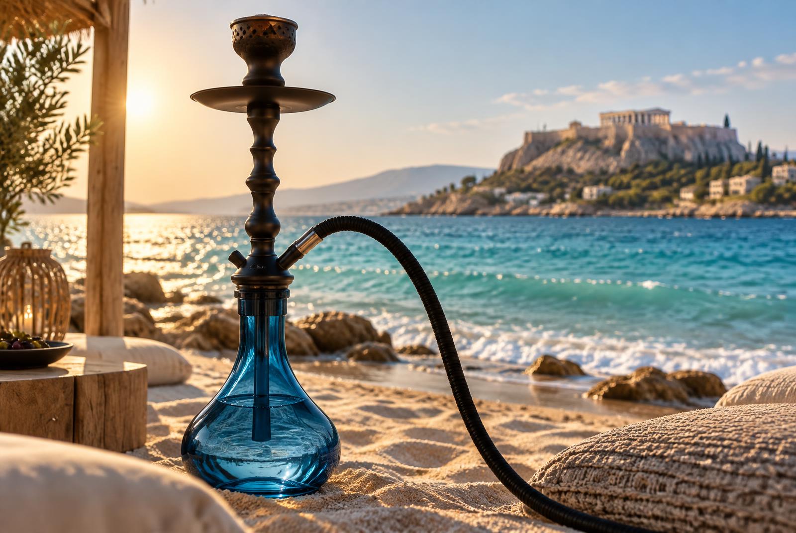 Premium shisha on an Athens beach with blue sea and sun