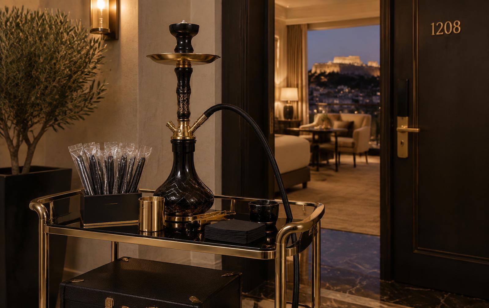 Runner delivering a polished hookah set to a guest at a hotel suite door